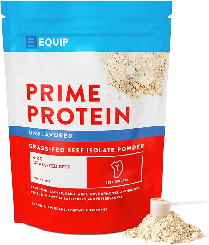 Equip Foods Prime Protein Powder | Clean, Grass Fed Beef Protein Powder | Carnivore Protein Isolate | Paleo, Keto Friendly | Gluten & Dairy Free | Helps Build & Repair Tissue | 30 Servings, Unflavored
