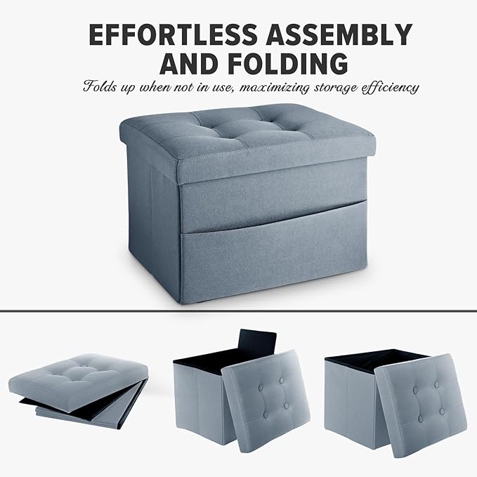 LINMAGCO Storage Ottoman Folding Foot Stool Ottoman with Side Pocket Modern Short Sofa Stool Linen Cloth 17x13x13(FogBlue)