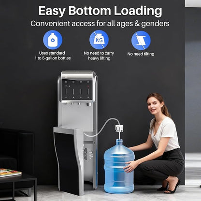 5-in-1 Water Cooler Dispenser with Ice Maker, Bullet and Crushed/Chewable Ice Machine, Hot and Cold Water, Bottom Load for 5 Gallon Bottle, 35lbs/24H, WiFi, Child Lock, Stainless Steel