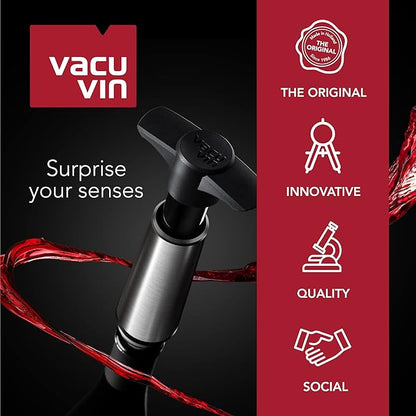 Vacu Vin Wine Saver Pump Red with Vacuum Wine Stopper - Keep Your Wine Fresh for up to 10 Days - 1 Pump 6 Stoppers - Reusable - Made in the Netherlands