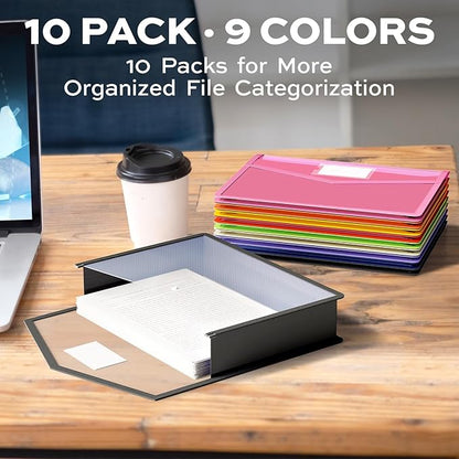 Deli 10 Pack Plastic Expanding File Folder, Folders for Documents with Snap Closure, Colorful File Folder Organizer, Transparent Accordion File Organizer, Large Capacity, Fit Letter/A4 Size, 9 Colors