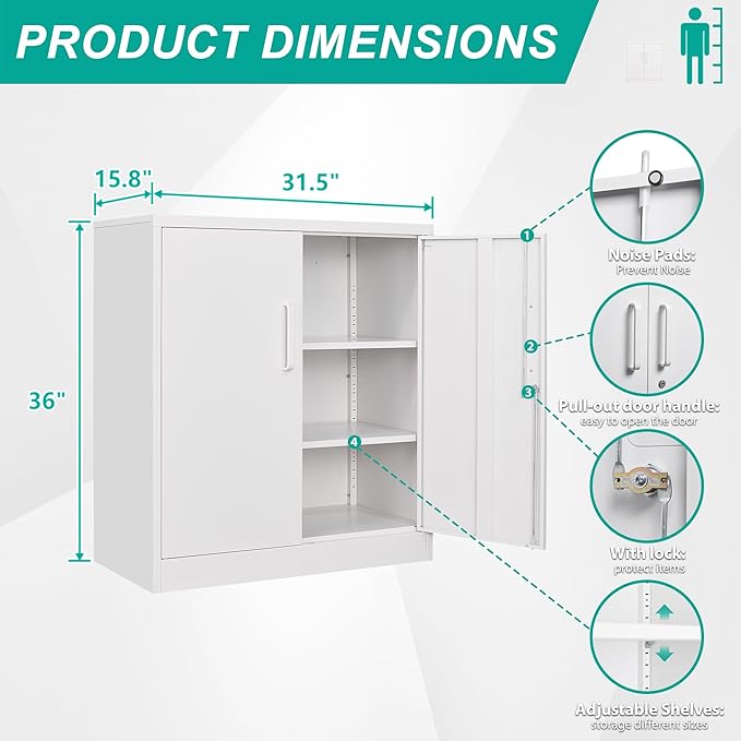 White Metal Storage Cabinet with Doors and Shelves,36 inch Small Metal Cabinet with Lock,Short Garage Storage Cabinets,Locking Steel Cupboard for Home,Office,Kitchen,Garages