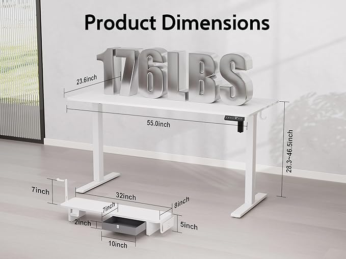 55x24 Inches Electric Standing Desk with Drawer and Monitor Stand, Height Adjustable Stand up Desk for Home Office, Ergonomic Sit to Stand Table with Phone Holder, 3 Hooks, White