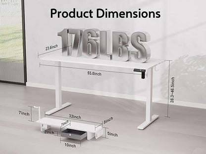 55x24 Inches Electric Standing Desk with Drawer and Monitor Stand, Height Adjustable Stand up Desk for Home Office, Ergonomic Sit to Stand Table with Phone Holder, 3 Hooks, White