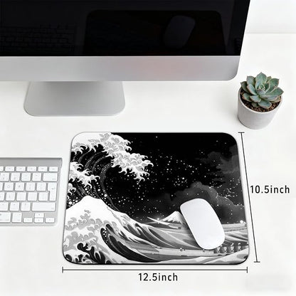 Black Wave of Kanagawa Patterns Desk Mat, Large Gaming Mouse Pad Non-Slip Rubber Base with Stitched Edges, Waterproof Protection for PC Laptop Home Office Desk Decor (12.5x10.5in)