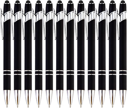 PASISIBICK 12-Piece Black Ballpoint Pen with Stylus Tip, 2 in 1 Stylish Metal Touch Screen Pen - Black Ink, 1.0 mm Medium Point - 5.5 x 0.4 inch / 14 x 1 cm