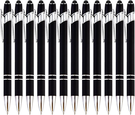 PASISIBICK 12-Piece Black Ballpoint Pen with Stylus Tip, 2 in 1 Stylish Metal Touch Screen Pen - Black Ink, 1.0 mm Medium Point - 5.5 x 0.4 inch / 14 x 1 cm