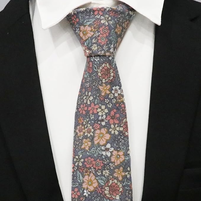 Cotton Floral Ties for Men 2.76" Men's Skinny Tie Linen Flower Printed Neck Tie for Wedding Dating Party