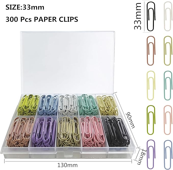 Medium Paper Clips 33 mm/1.3 Inch Size 300 Pcs PaperClips Assorted Colored for Home, School and Office Use