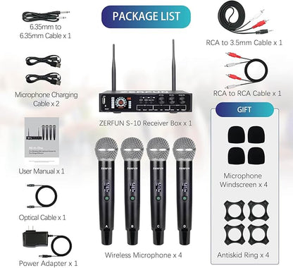 Pro 4 Channel Wireless Microphone System Rechargeable & Pre Effector, UHF Metal Handheld Cordless Mics with LCD Display, Vocal Cut, Bluetooth, USB Port, XLR, 1/4, Optical, RCA Input/Output