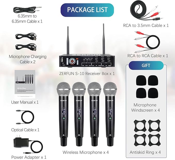 4 Channel Rechargeable Wireless Microphone System Pro & Pre Effector, UHF Metal Handheld Cordless Mics with Vocal Cut, Bluetooth, USB Port, XLR, 1/4, Optical, RCA Input/Output, LCD Display