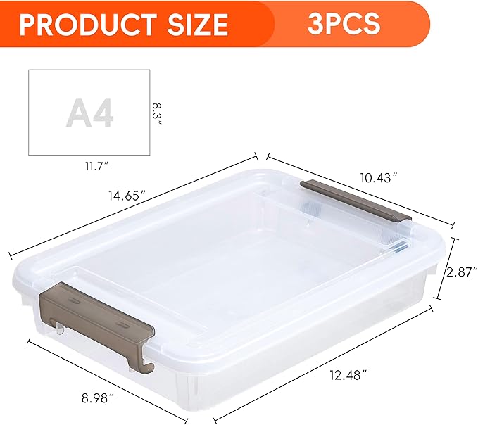 3 PCS Plastic Storage Bins with Lids Portable Project Case Water Resistant Plastic Containers for Organizing Document,A4 Paper,Photo,Letter,Scrapbook