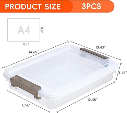 3 PCS Plastic Storage Bins with Lids Portable Project Case Water Resistant Plastic Containers for Organizing Document,A4 Paper,Photo,Letter,Scrapbook
