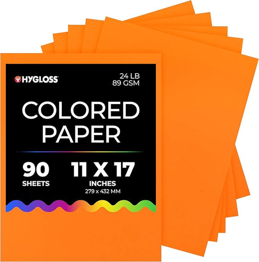 Hygloss Bright Orange Colored Paper - 24 lb, 89 GSM, Acid-Free, Fade-Resistant, 11x17-Inch Ledger Size Color Copy Paper, 90 Sheets
