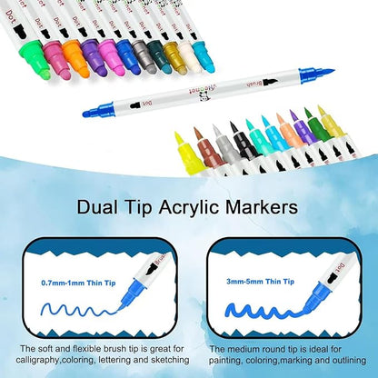 Acrylic Paint Markers, 24 Colors Fabric Markers ,Acrylic Paint Pen Dual Tip with Brush Tip and Dot Tip, No Bleeding Coloring Marker for Wood, Rock, Canvas, Glass, Metal, Ceramic, Plastic, Fabric