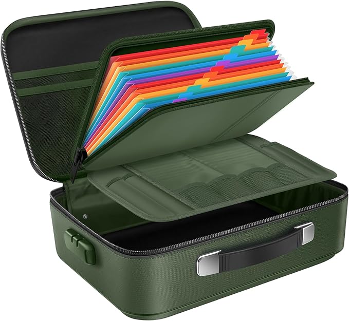 Fireproof Document Box Hard Case With Lock, Multi-Layer Fire Proof Water Resistant Safe Box File Organizer Bag With Small Money Bag for Important Documents Passport Certificates Laptop (Green)