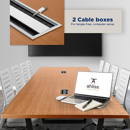 Sturdy Conference Table with Cable Management Grommets Modern Rectangle Office Meeting Table with Wood Tabletop and Metal Frame & Legs- Easy Assembly Boardroom Table (Natural, 8 Foot)