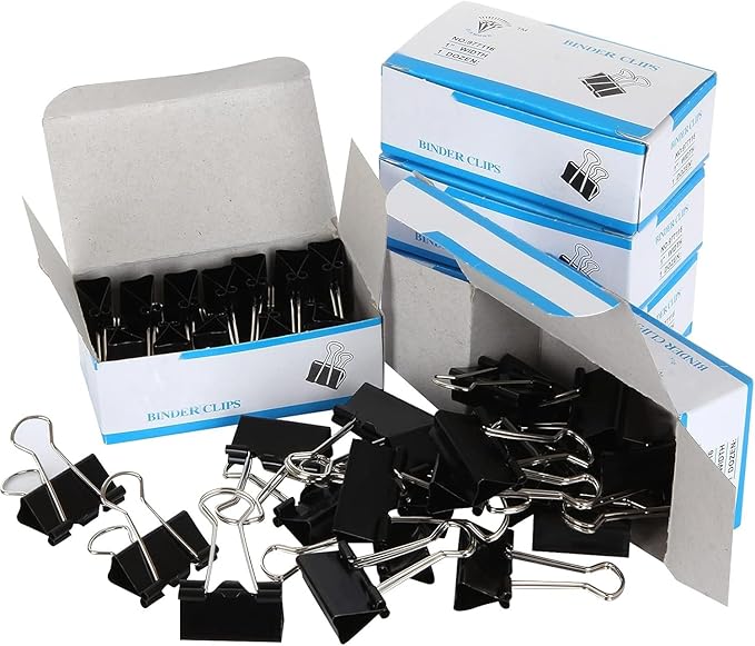 144 Pcs Binder Clips 1 Inch, Black Medium Paper Clamps for Office Supplies, Wide Metallic Binder Clips, Large Document Clamp, File Clips
