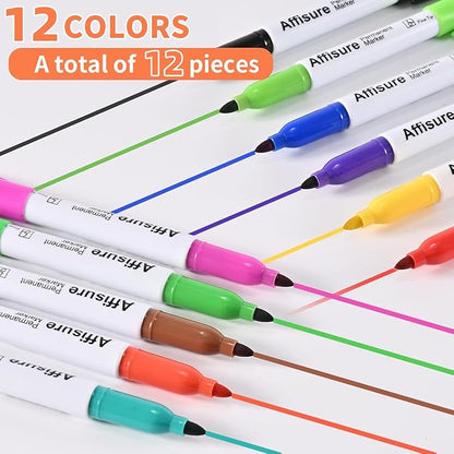 Permanent Markers Assorted Colors Set, 12 Colored Markers 12 Pack, Fine Point，Works on Wood, Plastic, Metal, and More, for Adults, Artist, Teacher, Kids