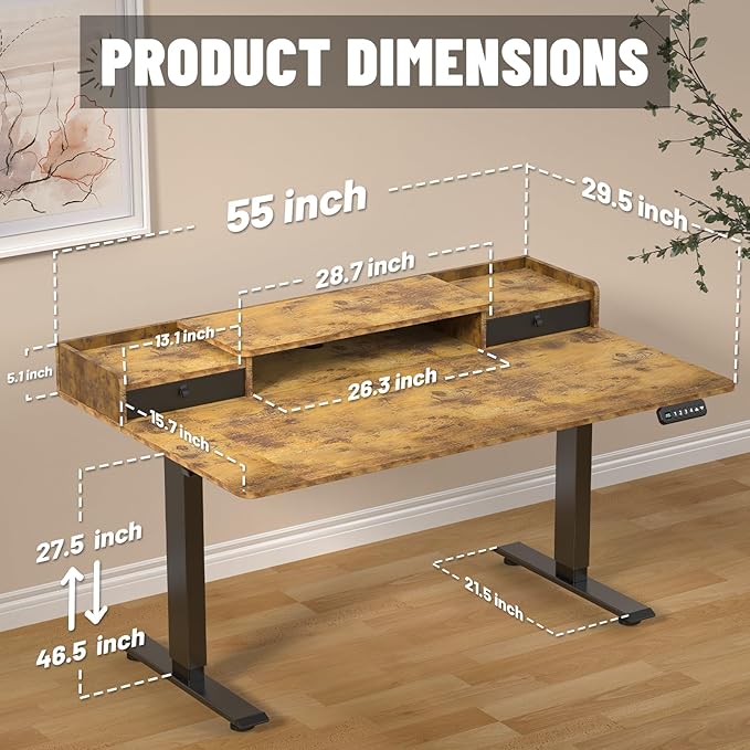 55 x 30 Inch Standing Desk with 2 Drawers, Adjustable Height Widened Stand Up Desk with Storage, Sit to Stand Ergonomic Workstation for Home Office, Rustic Brown