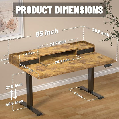 55 x 30 Inch Standing Desk with 2 Drawers, Adjustable Height Widened Stand Up Desk with Storage, Sit to Stand Ergonomic Workstation for Home Office, Rustic Brown