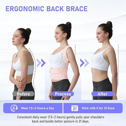 Posture Corrector for Women and Men, Back Brace with Full Back Support, Adjustable Shoulder Straightener for Upper & Lower Back Pain Relief, Scoliosis, Hunchback (Small, Pink)