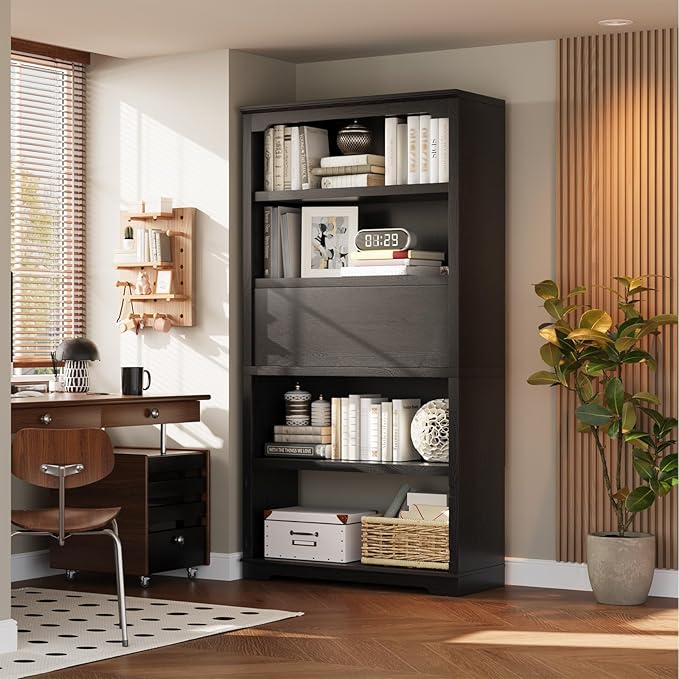 HIFYOBRO 71 inch Tall Bookcase, 5-Tier Open Display Storage Shelf, with Flip-Down Door on 3rd Book Shelf, 37 inch Wide Freestanding Bookshelves for Home, Office, Library (Black)
