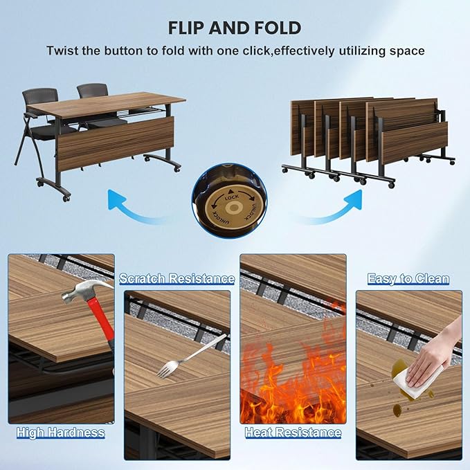 Mobile Conference Table,Modular Meeting Seminar Table,Portable Rolling Conference Training Table with Silent Wheels,Folding Flip Top Conference Room Tables for Office,Classroom,Meeting (8pcs, 70.8in)