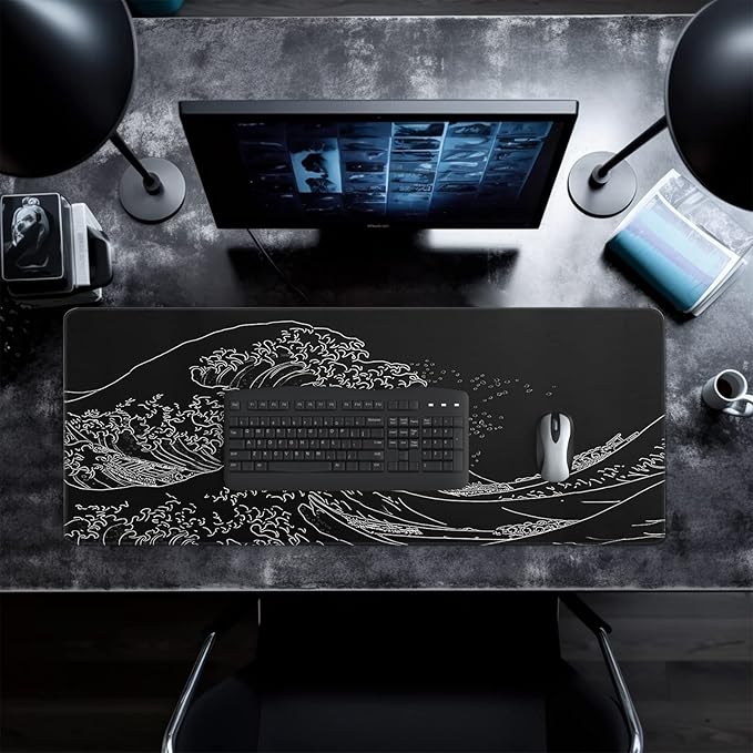 Japanese Gaming Mouse Pad Abstract Black Mouse Pad 31.5x11.8 Inch Black Sea Wave Texture Non-Slip Rubber Base Large Ocean Mousepad Stitched Edges Keyboard Mouse Mat Desk Pad for Office and Home