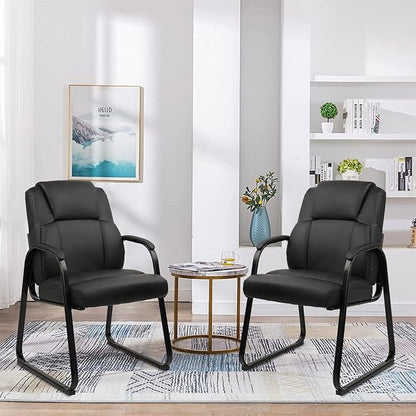 CLATINA Ergonomic Black Guest Chair with Arms Set of 2- Office Reception & Conference Seating, PU Leather Meeting Chairs with Sled Base for Waiting Rooms & Home Offices