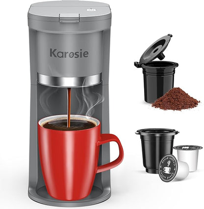 Slim Single Serve Coffee Maker, Fast Brew for K-Cup & Ground Coffee Small One Cup Coffee Maker, 6-12 Oz Brew Sizes, Coffee Machine with Descaling Reminder and Water Window,Grey