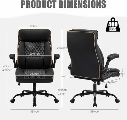 Leather Executive Office Chair, Computer Desk Chair with Lumbar Support, Comfortable Home Office Chairs 400lbs with Padded Flip-up Armrests, Height Adjustable, Tilting Function, Black