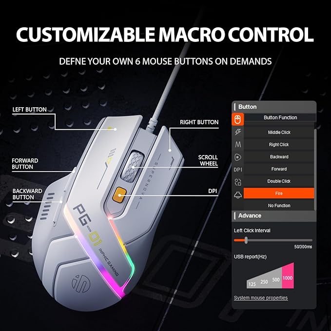INPHIC PG1 Wired Computer Gaming Mouse Ergonomic, 12800 DPI High-Precision, 6 Programmable Buttons, RGB Backlit for Gaming - White Gray