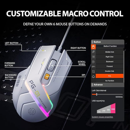INPHIC PG1 Wired Computer Gaming Mouse Ergonomic, 12800 DPI High-Precision, 6 Programmable Buttons, RGB Backlit for Gaming - White Gray