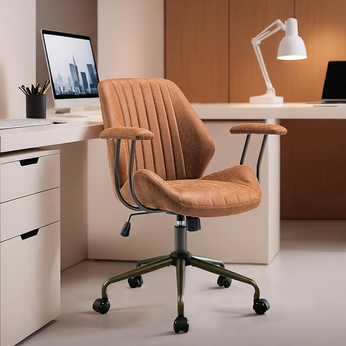 HOOOWOOO Faux Suede Leather Home Office Desk Chair,MCM Modern Ergonomic Task Work Chair,Computer Gaming Chair with Cushion Seat Mid Back for Long Hours(Brown)