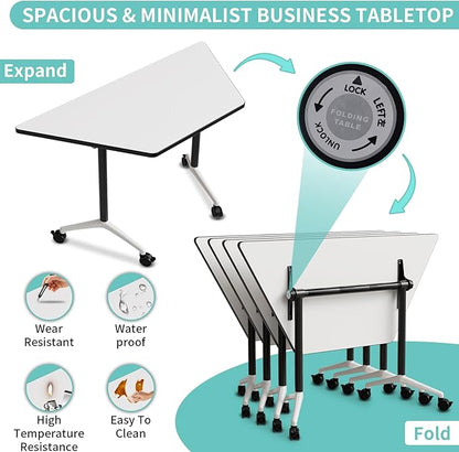 Conference Table, Foldable Conference Room Tables with Silent Wheels, Folding Modular Seminar Meeting Tables, Modern Rectangle Training Table for Office, Boardroom (10, Trapezoidal, 47.2)
