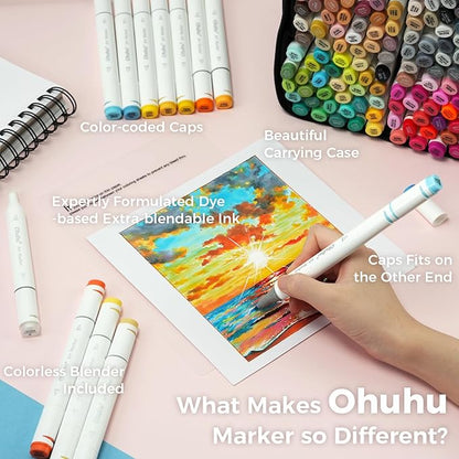 Ohuhu Alcohol Markers 200 Colors - AP Certificated Double Tipped Art Marker Set for Artists Adults Coloring Sketch Illustration - Chisel and Fine Dual Tips - Oahu of Ohuhu Markers - Refillable