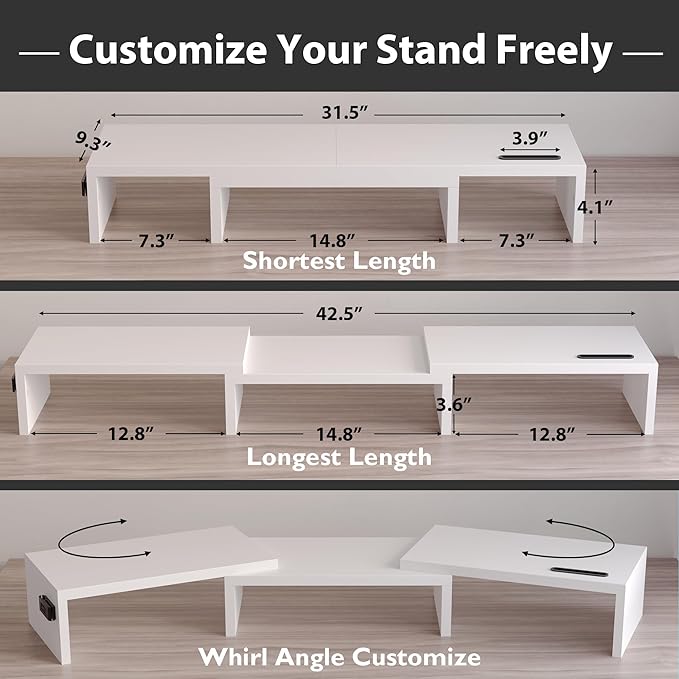 BONTEC Dual Monitor Stand for Desk, Adjustable Length and Angle Monitor Stand Riser with Smartphone Holder, Desk Shelf for Top of Desk, Computer Monitor Stand with Storage, Office Desk Organizer, White