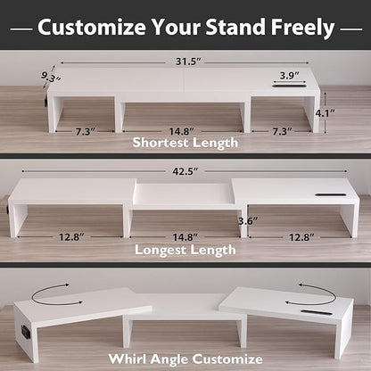 BONTEC Dual Monitor Stand for Desk, Adjustable Length and Angle Monitor Stand Riser with Smartphone Holder, Desk Shelf for Top of Desk, Computer Monitor Stand with Storage, Office Desk Organizer, White