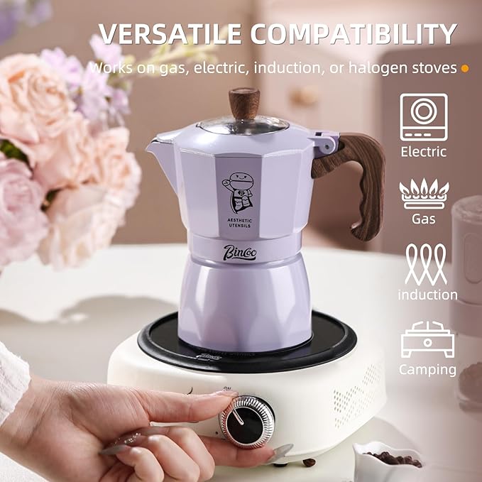 Bincoo Espresso Maker Stovetop - 2 Cup/120ML Small Stove Top Espresso Italian Coffee Maker, Camping Moka Pot- Portable, Ideal for Home and Camping (Purple)