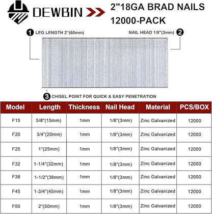 18 Gauge Brad Nails, 12000 Counts 2-inch 18 GA Brad Nails, Galvanized Nails for Nail Gun, Finishing Nail Gun Nails for Pneumatic, Electric Brad Nailer Gun