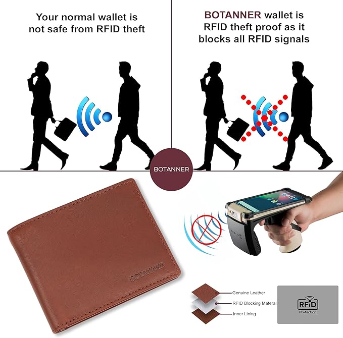 Genuine Leather Mens Bifold Wallet | RFID Blocking, 8 Credit Card Slots, 2 Sections for Bills & 2 Additional Slots | Dark walnut brown