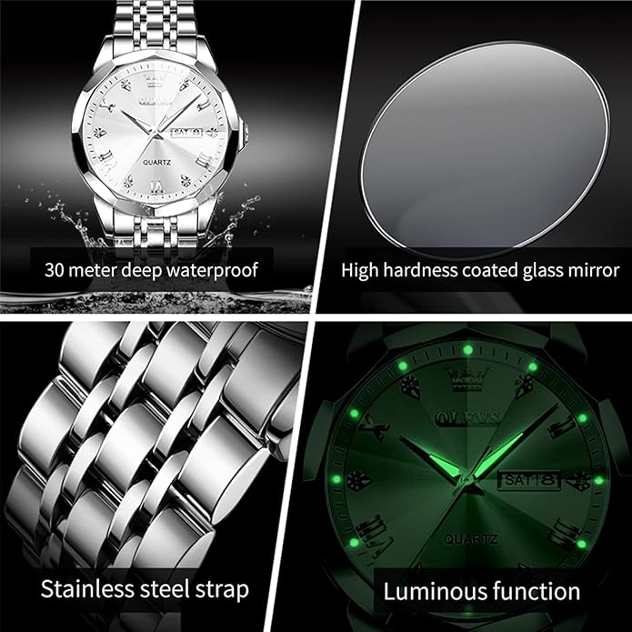 OLEVS Mens Watch Stainless Steel Analog Quartz Watches for Men Day Date Easy Read Diamond Waterproof Dress Luxury Classic Casual Big Face Blue/Black/Gold/Silver Roman Arabic Numerals Men's Wrist Watch