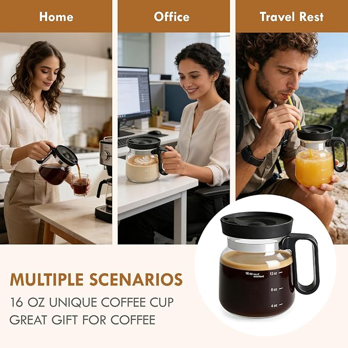 Mini Coffee Pot Mug with Lid,16Oz Glass Coffee Pot Coffee Mugs,Spill-Proof & Heatproof Coffee Pot Cup Gifts for Coffee Lovers (1Pcs)