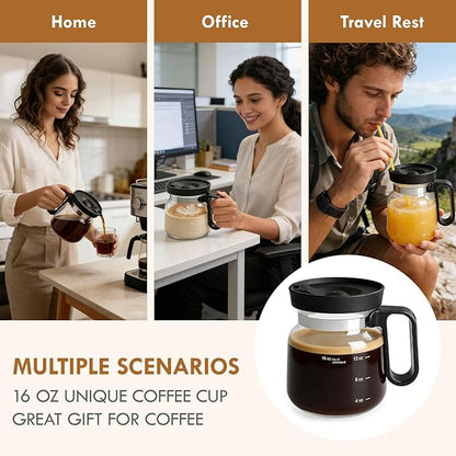 Mini Coffee Pot Mug with Lid,16Oz Glass Coffee Pot Coffee Mugs,Spill-Proof & Heatproof Coffee Pot Cup Gifts for Coffee Lovers (1Pcs)