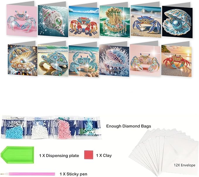 jinglinhh 12pcs Diamond Art Painting Beach Crab Seashell Conch Seaturtle Greeting Cards with Envelopes, DIY Card Making Kits for Adults, Diamond Art Postcards Christmas Cards Craft Gifts
