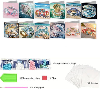 jinglinhh 12pcs Diamond Art Painting Beach Crab Seashell Conch Seaturtle Greeting Cards with Envelopes, DIY Card Making Kits for Adults, Diamond Art Postcards Christmas Cards Craft Gifts