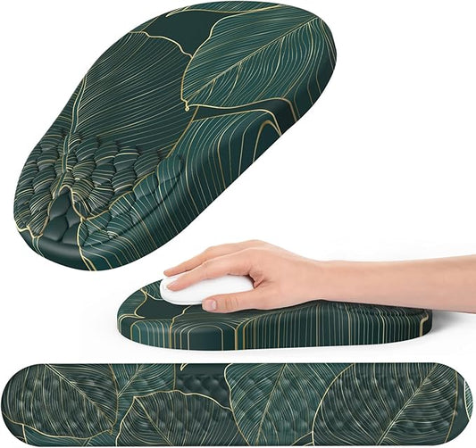 Ergonomic Mouse Pad and Keyboard Wrist Rest with Massage Design, Space-Saving Mouse Pad Wrist Support, Memory Foam Wrist Rest with Non-Slip PU Base for Computer Desk, Green Leaves