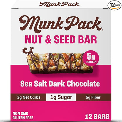 Munk Pack Sea Salt Dark Chocolate Nut & Seed Snack Bars Stocking Stuffers | 5g Protein, 1g Sugar, 3g Net Carbs | Plant-Based, Low Sugar, Non-GMO, Gluten-Free Snacks | 12 Count (4.92 oz)