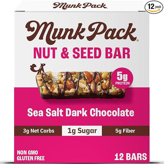 Munk Pack Sea Salt Dark Chocolate Nut & Seed Snack Bars Stocking Stuffers | 5g Protein, 1g Sugar, 3g Net Carbs | Plant-Based, Low Sugar, Non-GMO, Gluten-Free Snacks | 12 Count (4.92 oz)